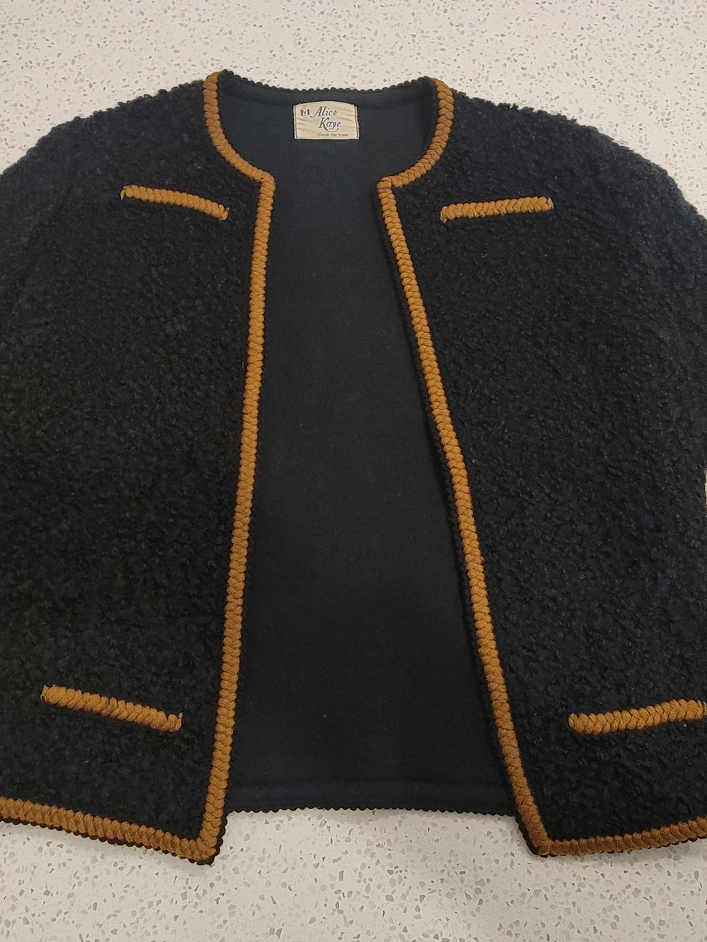 Alice Kaye Black Bouclé Jacket with Brown Trim w/ Pencil Skirt